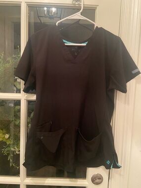 Med Couture Black Scrub Top with Teal Accents